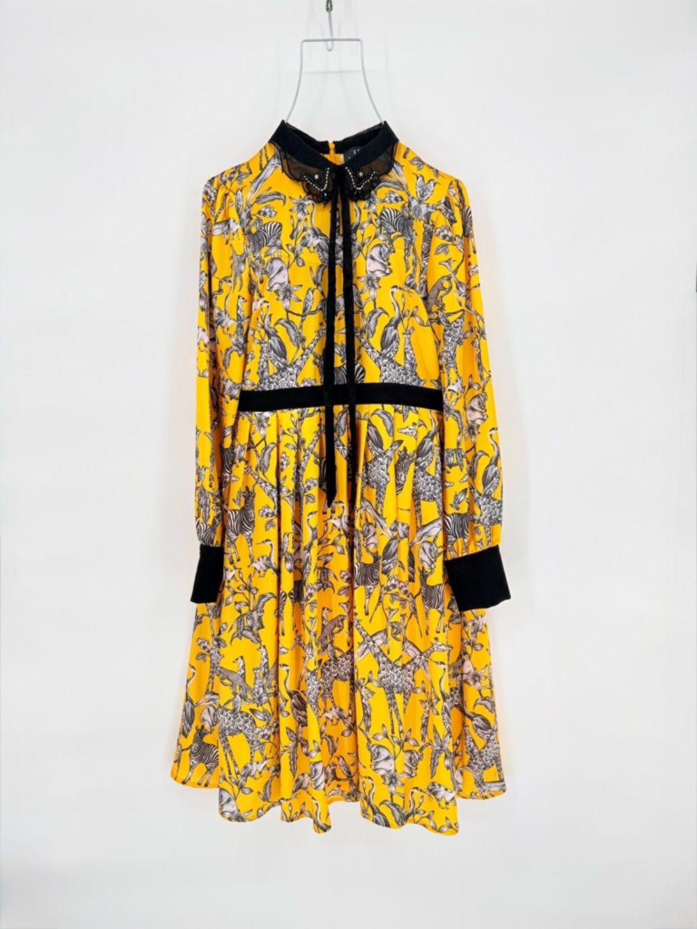 Retro Yellow Animal Safari Midi Dress Beaded Medium WhimsiGoth Academia THE MOON - Picture 6 of 16